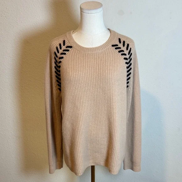 The Cashmere Project Tan Crew Neck Sweater with Black Stitch Accents size Large - Picture 1 of 13